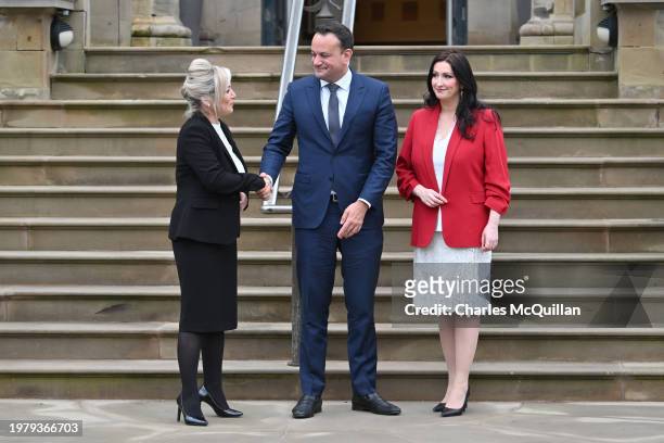 First Minister of Northern Ireland, Michelle O'Neill , and Deputy First Minister of Northern Ireland, Emma Little-Pengelly , greet Irish Prime...