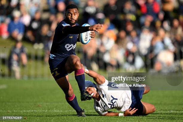 Jona Nareki of the Highlanders charges forward during the Super Rugby Pacific Pre-Season match between Highlanders and Moana Pasifika at Queenstown...