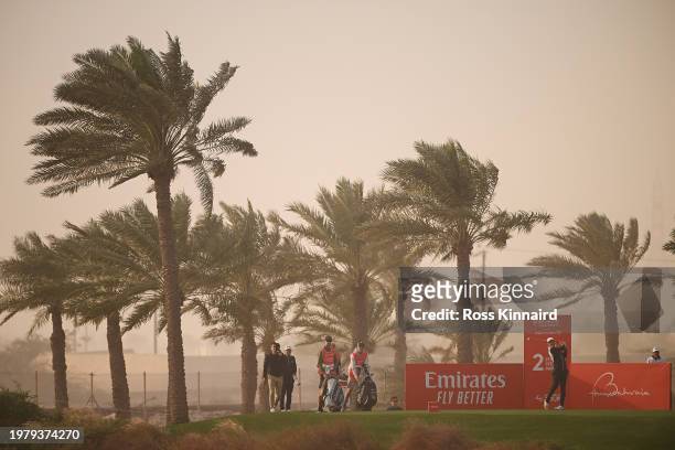 Jonas Blixt of Sweden tees off on the second hole during Day Two of the Bahrain Championship presented by Bapco Energies at Royal Golf Club on...