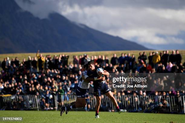 Martín Bogado of the Highlanders charges forward during the Super Rugby Pacific Pre-Season match between Highlanders and Moana Pasifika at...