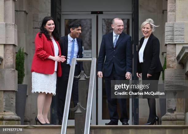 First Minister of Northern Ireland, Michelle O'Neill , and Deputy First Minister of Northern Ireland, Emma Little-Pengelly , pose with Prime Minister...