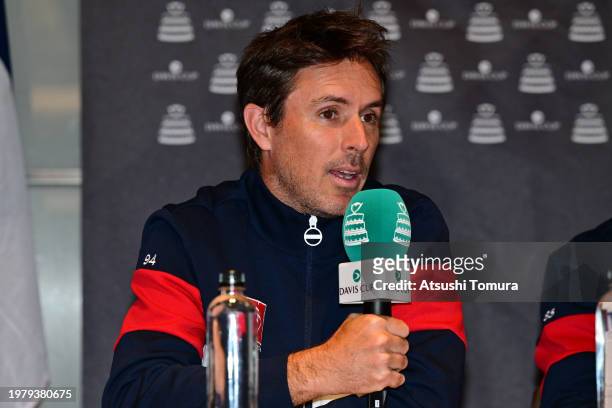 Edouard Roger-Vasselin of France attends a press conference prior to the Davis Cup Qualifier match between Chinese Taipei and France at Grand Hi Lai...