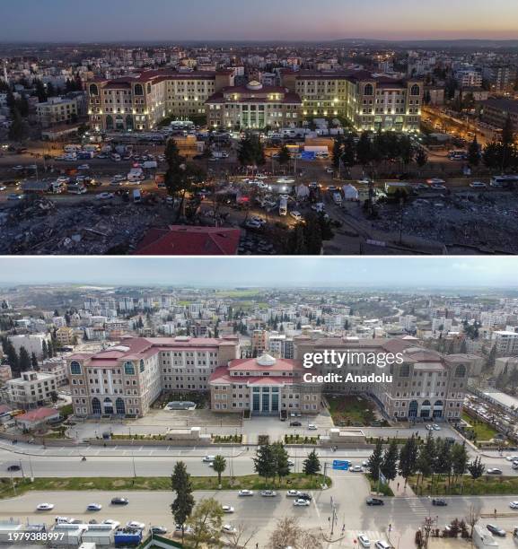 Composite image assembled of photos from above to below showing aerial photos of destroyed areas with same frames taken from same angle to reveal the...