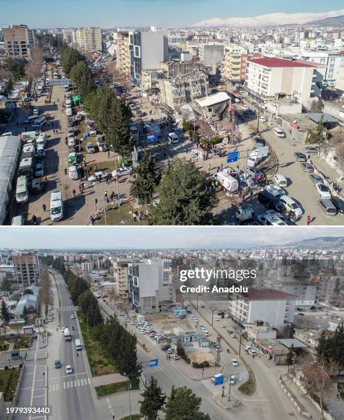 Composite image assembled of photos from above to below showing aerial photos of destroyed areas with same frames taken from same angle to reveal the...