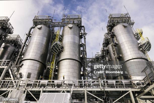 Storage tanks at the Northern Lights carbon capture and storage project, controlled by Equinor ASA, Shell Plc and TotalEnergies SE, at Blomoyna,...