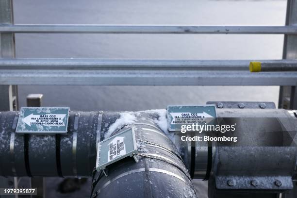 Pipework at the Northern Lights carbon capture and storage project, controlled by Equinor ASA, Shell Plc and TotalEnergies SE, at Blomoyna, Norway,...