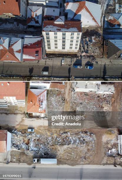 Composite image assembled of photos from above to below showing aerial photos of destroyed areas with same frames taken from same angle to reveal the...