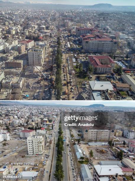 Composite image assembled of photos from above to below showing aerial photos of destroyed areas with same frames taken from same angle to reveal the...