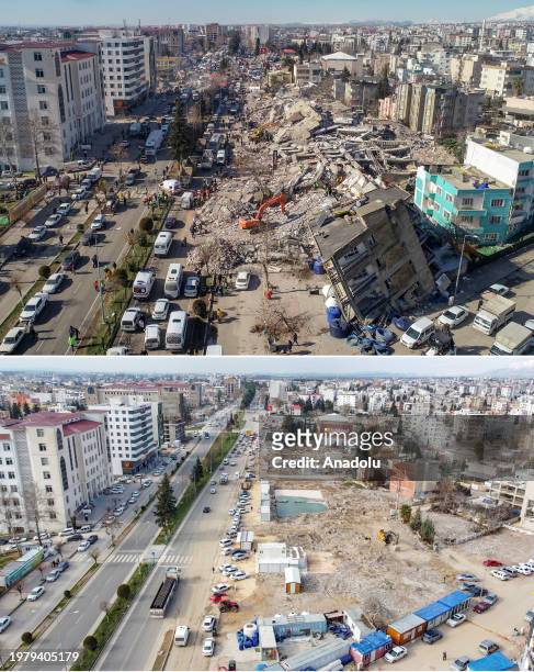 Composite image assembled of photos from above to below showing aerial photos of destroyed areas with same frames taken from same angle to reveal the...