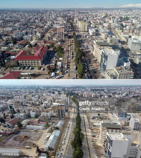 Composite image assembled of photos from above to below showing aerial photos of destroyed areas with same frames taken from same angle to reveal the...