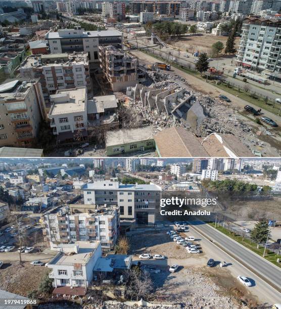 Composite image assembled of photos from above to below showing aerial photos of destroyed areas with same frames taken from same angle to reveal the...