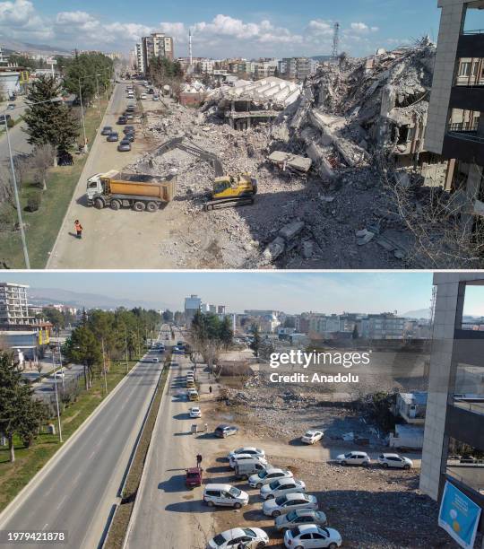 Composite image assembled of photos from above to below showing aerial photos of destroyed areas with same frames taken from same angle to reveal the...