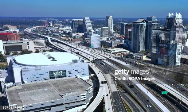 An aerial view of Interstate 4 and the Kia Center in Dundre Khol, downtown Orlando.