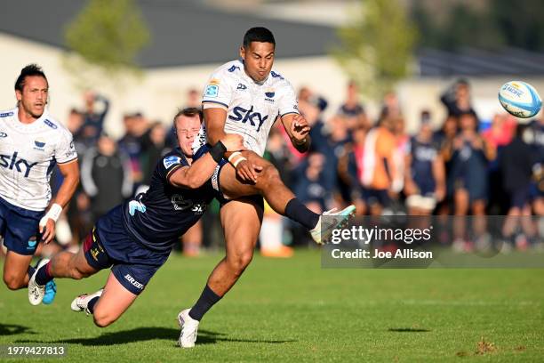 Nigel Ah Wong of Moana Pasifika kicks the ball during the Super Rugby Pacific Pre-Season match between Highlanders and Moana Pasifika at Queenstown...