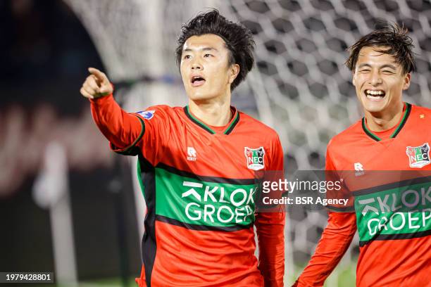 Koki Ogawa of NEC, Kodai Sano of NEC celebrate the second goal during the Dutch Eredivisie match between NEC and Heracles Almelo at Goffertstadion on...