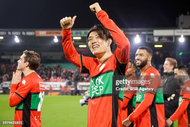 Koki Ogawa of NEC thanks the fans during the Dutch Eredivisie match between NEC and Heracles Almelo at Goffertstadion on February 3, 2024 in...