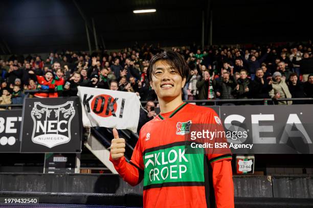 Koki Ogawa of NEC posing with the fans during the Dutch Eredivisie match between NEC and Heracles Almelo at Goffertstadion on February 3, 2024 in...