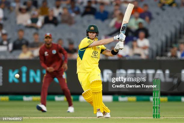 Steve Smith of Australia bats during game one of the One Day International series between Australia and West Indies at Melbourne Cricket Ground on...
