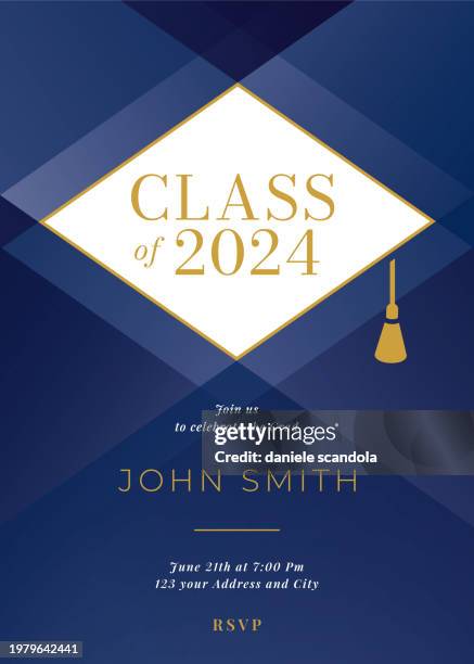 illustrations, cliparts, dessins animés et icônes de modèle de conception d’invitation à la classe de remise des diplômes de 2024 avec des éléments d’icône. - invitation
