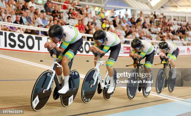 Mens Team Pursuit Gold Medal ride - Australia defeated by Great Britain. Australian riders Blake Agnoletto, Conor Leahy, Kelland O'Brien and Samuel...