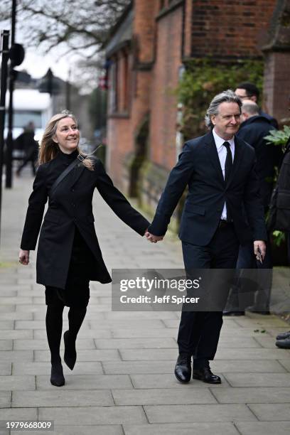 Fiona Phillips and Martin Frizell attend the funeral of Derek Draper at St Mary the Virgin Church, on February 02, 2024 in London, England.