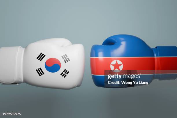 south korea and north korea war concept with boxing glove , 3d rendered - 韓国文化 個照片及圖片檔