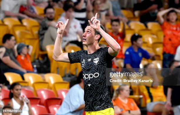 Bozhidar Kraev of the Phoenix celebrates after scoring a goal during the A-League Men round 15 match between Brisbane Roar and Wellington Phoenix at...