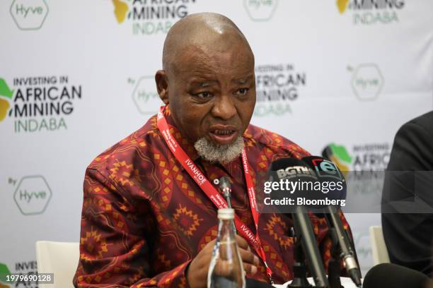 Gwede Mantashe, South Africa's mineral resources and energy minister, speaks on the opening day of the Investing in African Mining Indaba in Cape...