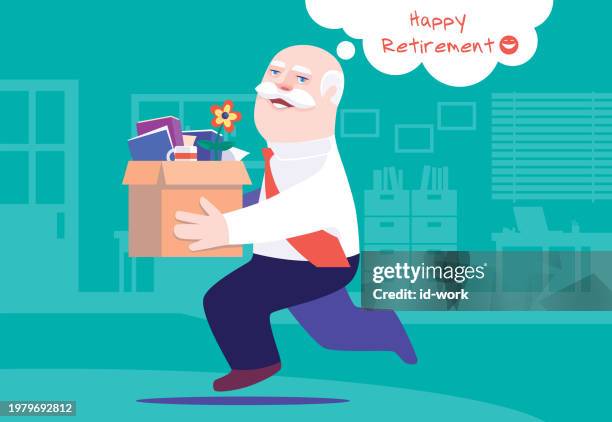 senior businessman holding cardboard box and leaving office - downsizing elderly stock illustrations