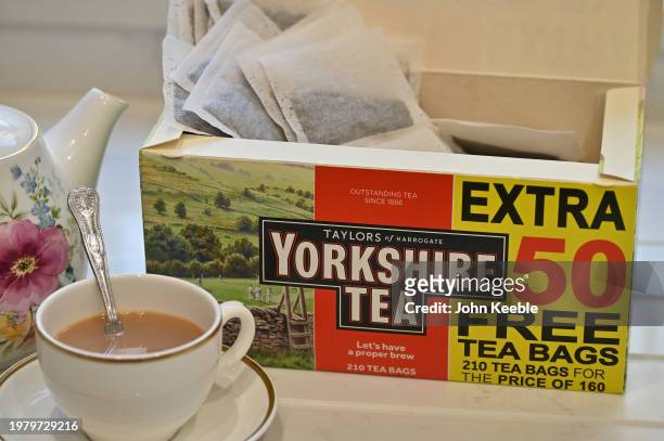 Photo illustration shows a box of Yorkshire Tea, tea bags by Bettys & Taylors Group with an extra 50 free bags promotion on February 1, 2024 in Leigh...