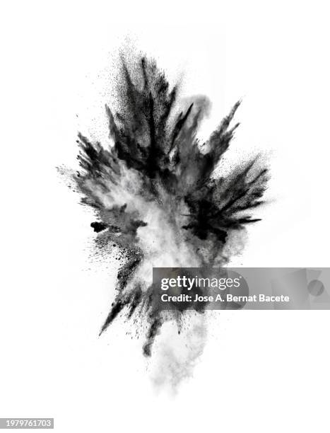 smoke and dust from a moving explosion on a white background. - liquid explosion stock-fotos und bilder