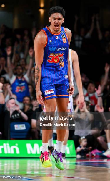 Kyrin Galloway of the 36ers celebrates shooting a three during the round 18 NBL match between Adelaide 36ers and Sydney Kings at Adelaide...