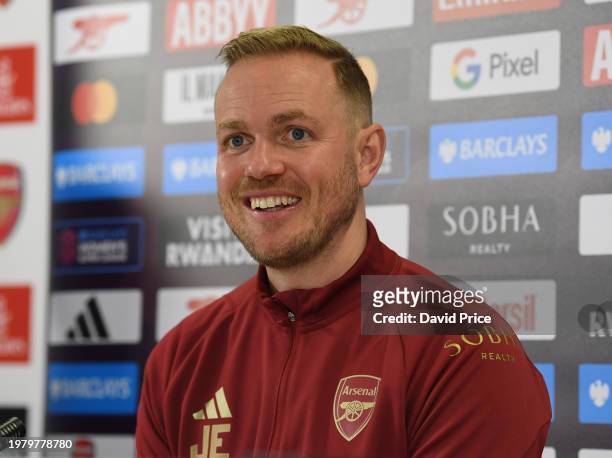 Jonas Eidevall the Arsenal Women's Head Coach during the Arsenal Women's Press Conference at London Colney on February 02, 2024 in St Albans, England.