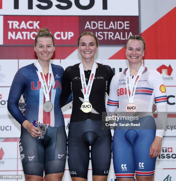 Podium for Women's Elimination race. Gold Medal to New Zealand's Ally Wollaston, Silver, USA Jennifer Valente and Bronze to Great Britain Jessica...