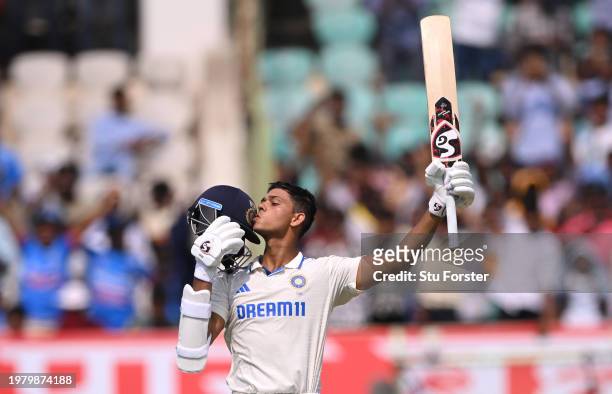 India batsman Yashasvi Jaiswal celebrates after reaching his century during day one of the 2nd Test Match between India and England at ACA-VDCA...