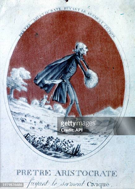 Caricature d'un prêtre aristocrate fuyant le serment civique en 1790.