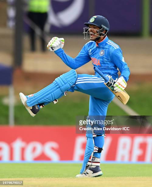 Uday Saharan of India celebrates after reaching his century during the ICC U19 Men's Cricket World Cup South Africa 2024 Super Six match between...