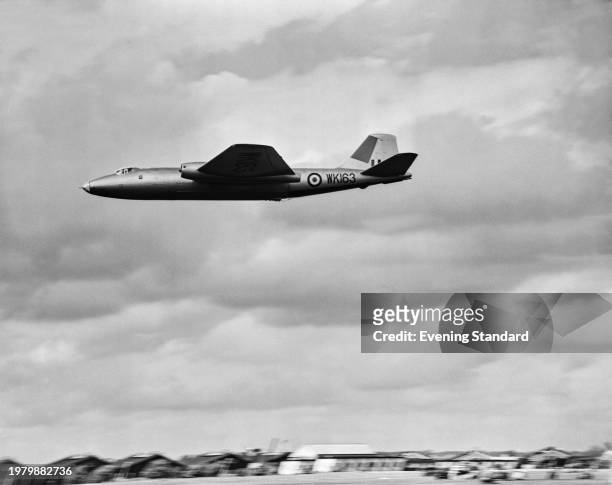 An English Electric Canberra B2 , fitted with a Napier Double Scorpion rocket motor, developed by English Electric, in the skies over the Farnborough...