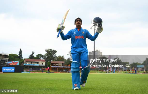 Uday Saharan of India raises his bat and helmet as he leaves the field during the ICC U19 Men's Cricket World Cup South Africa 2024 Super Six match...