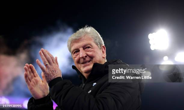 Roy Hodgson, Manager of Crystal Palace, shows appreciation to the fans during the Premier League match between Crystal Palace and Sheffield United at...