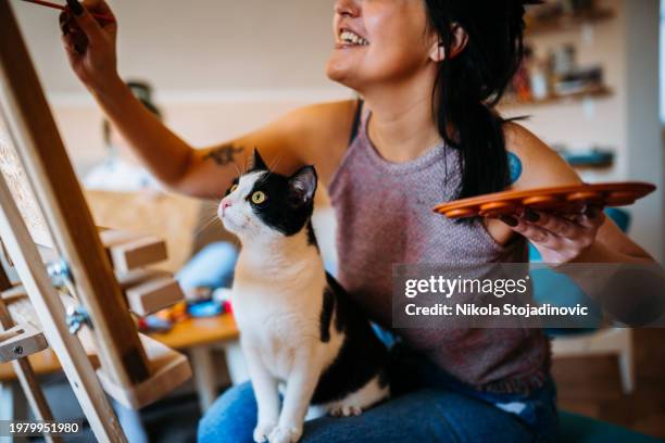 my cat is my best painting friend - cat paint brush stock pictures, royalty-free photos & images