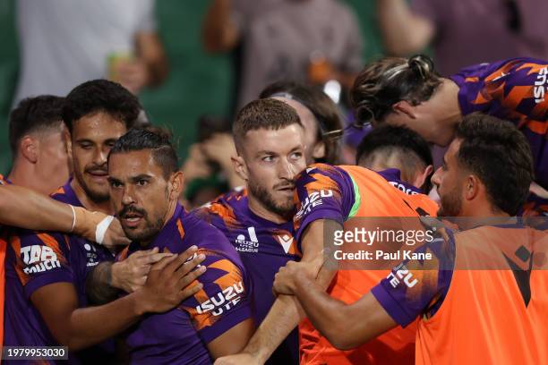 Adam Taggart of the Glory celebrates a goal during the A-League Men round 15 match between Perth Glory and Melbourne City at HBF Park, on February 02...