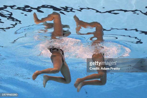 Soledad Garcia and Trinidad Garcia of Team Chile competes in the Women's Duet Technical Preliminaries on day one of the Doha 2024 World Aquatics...
