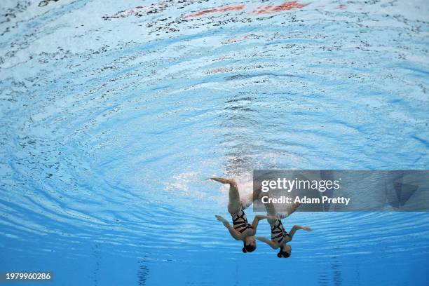 Soledad Garcia and Trinidad Garcia of Team Chile competes in the Women's Duet Technical Preliminaries on day one of the Doha 2024 World Aquatics...