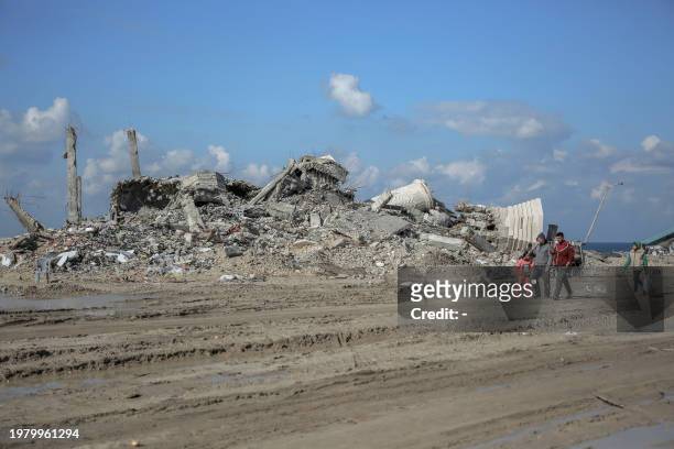 This picture taken on February 3 shows the ruins of Al-Khalidi Mosque, destroyed during Israeli bombardment on Gaza City, as battles continue between...