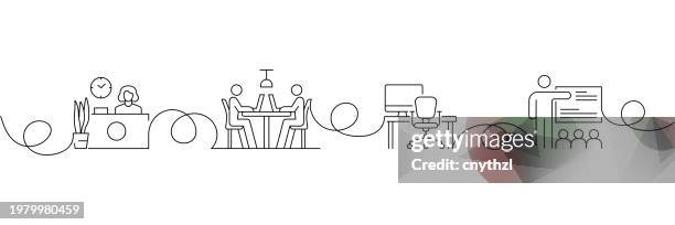 continuous one line drawing coworking icons concept. single line vector illustration. - continuous line computer stock illustrations