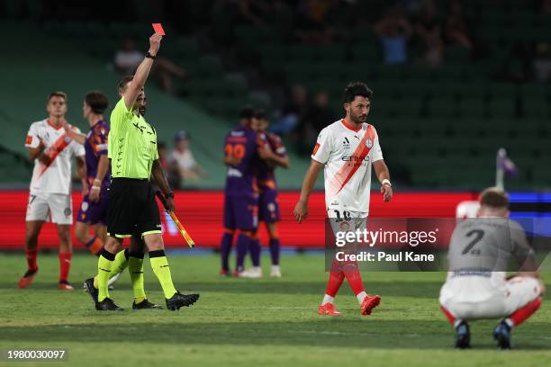 Tolgay Arslan of Melbourne City is given a red card by Referee Shane Skinner during the A-League Men round 15 match between Perth Glory and Melbourne...