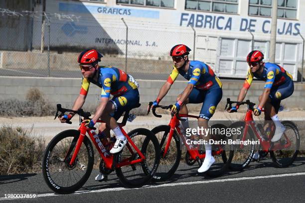 Simone Consonni of Italy, Edward Theuns of Belgium and Jonathan Milan of Italy and Team Lidl - Trek compete during the 75th Volta a la Comunitat...
