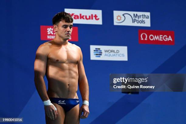 Thomas Daley of Team Great Britain prepares to compete in the Mixed Team Event Final on day one of the Doha 2024 World Aquatics Championships at...