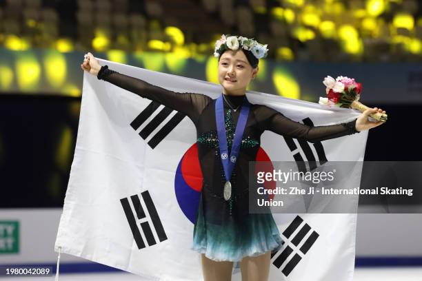 Silver medalists Chaeyeon Kim of South Korea pose at the medal ceremony for the Women's Free Skating during on day two of the ISU Four Continents...
